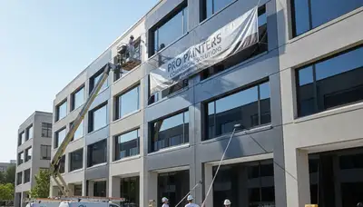 Professional commercial painters working on business exterior in Champaign, IL