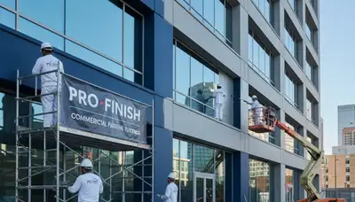 Professional commercial painters finishing office exterior in Champaign, IL