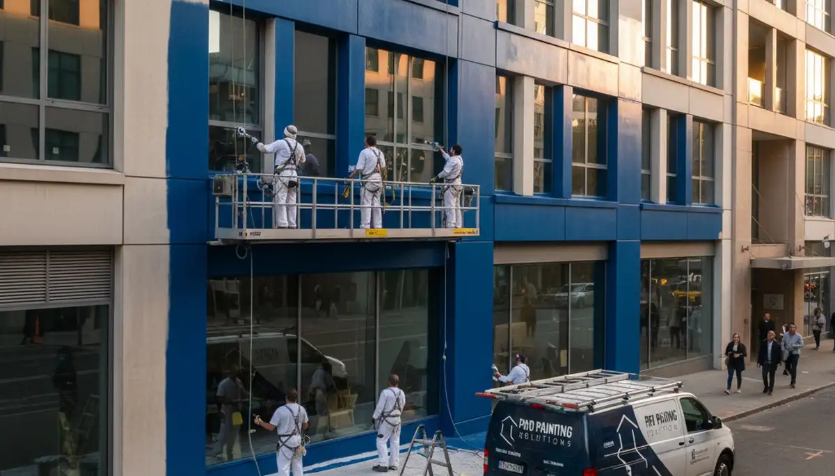 Professional commercial painters working on business exterior in Champaign, IL