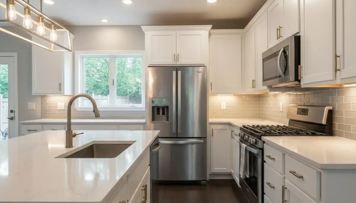 Refinished kitchen cabinets with smooth, durable paint finish by house painters in Champaign, IL