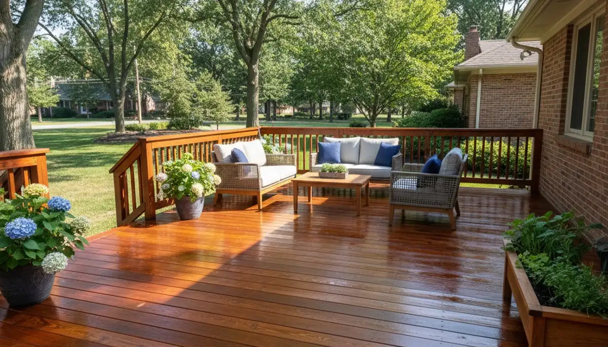 Finished deck staining in Champaign IL showing rich wood color and weatherproof finish by local painters