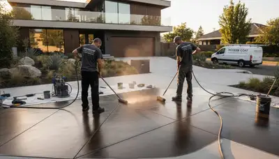 Professional concrete staining on residential patio in Champaign, IL by expert house painters