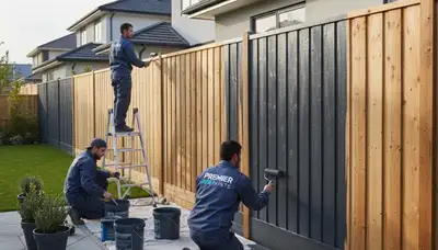 Professional fence painters refinishing wooden fence in Champaign IL for durable, weather-resistant finish