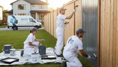 Professional fence painters applying weather-resistant wood finish in Champaign, IL