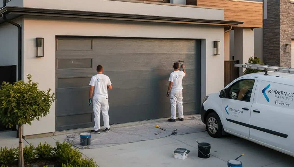 Professional garage door painting by Champaign house painters for lasting curb appeal in Illinois homes