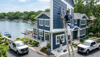 Professional house painters working on exterior home repaint in Champaign, IL