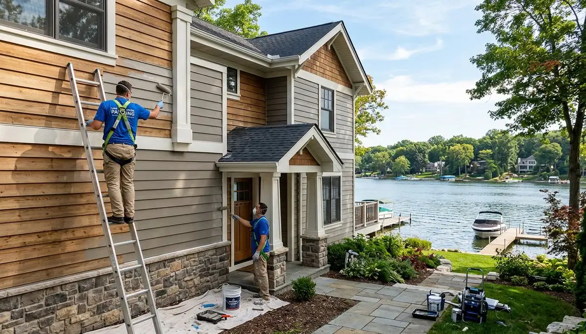 Professional house painters working on a residential exterior in Champaign IL