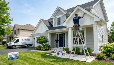 Professional house painters working on exterior home in Champaign, IL