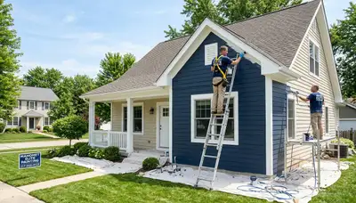 Professional house painters in Champaign IL applying exterior paint to a residential home