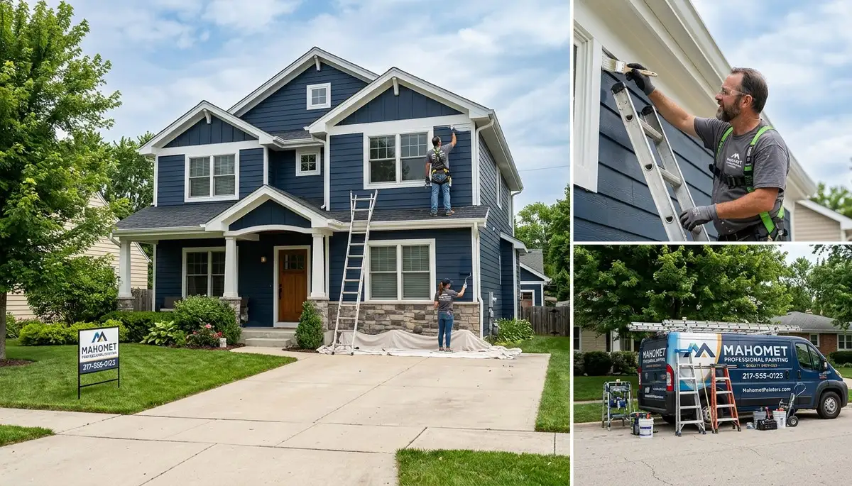 Professional house painters working on a residential exterior in Champaign IL