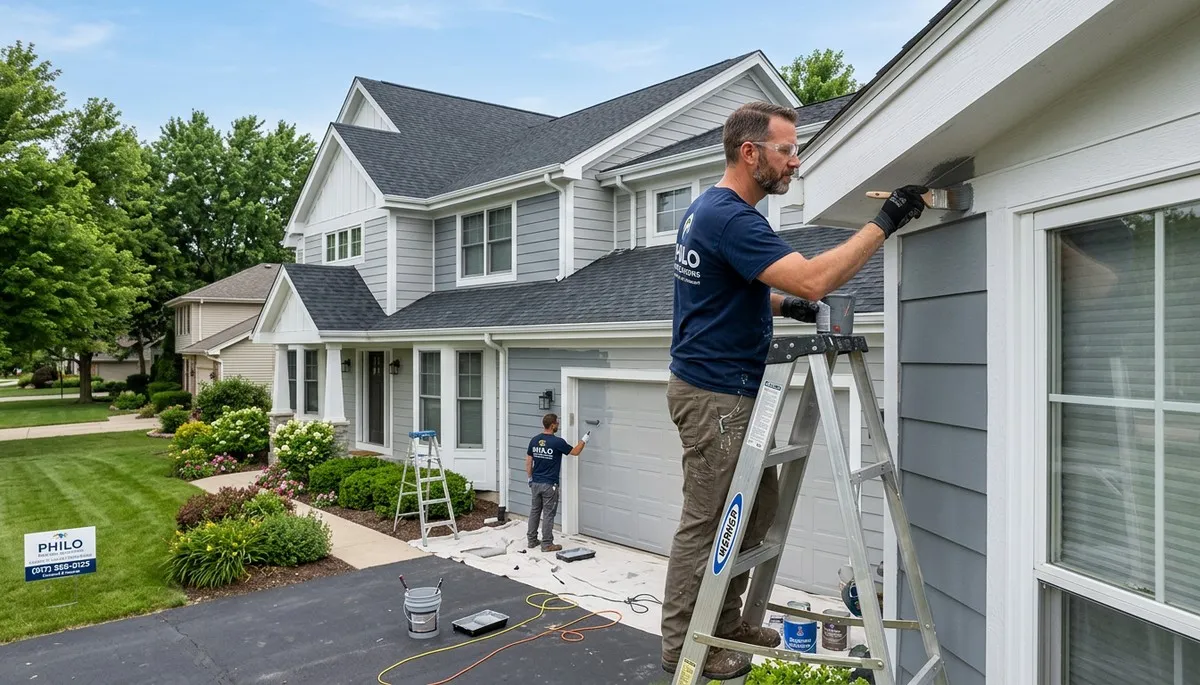 Professional house painters working on exterior home repainting in Champaign, IL