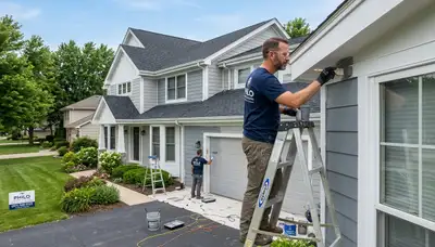 Professional house painters working on exterior home repainting in Champaign, IL