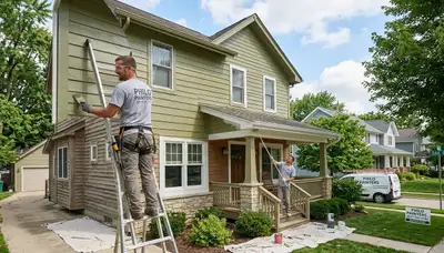 Professional house painters working on exterior home in Champaign IL
