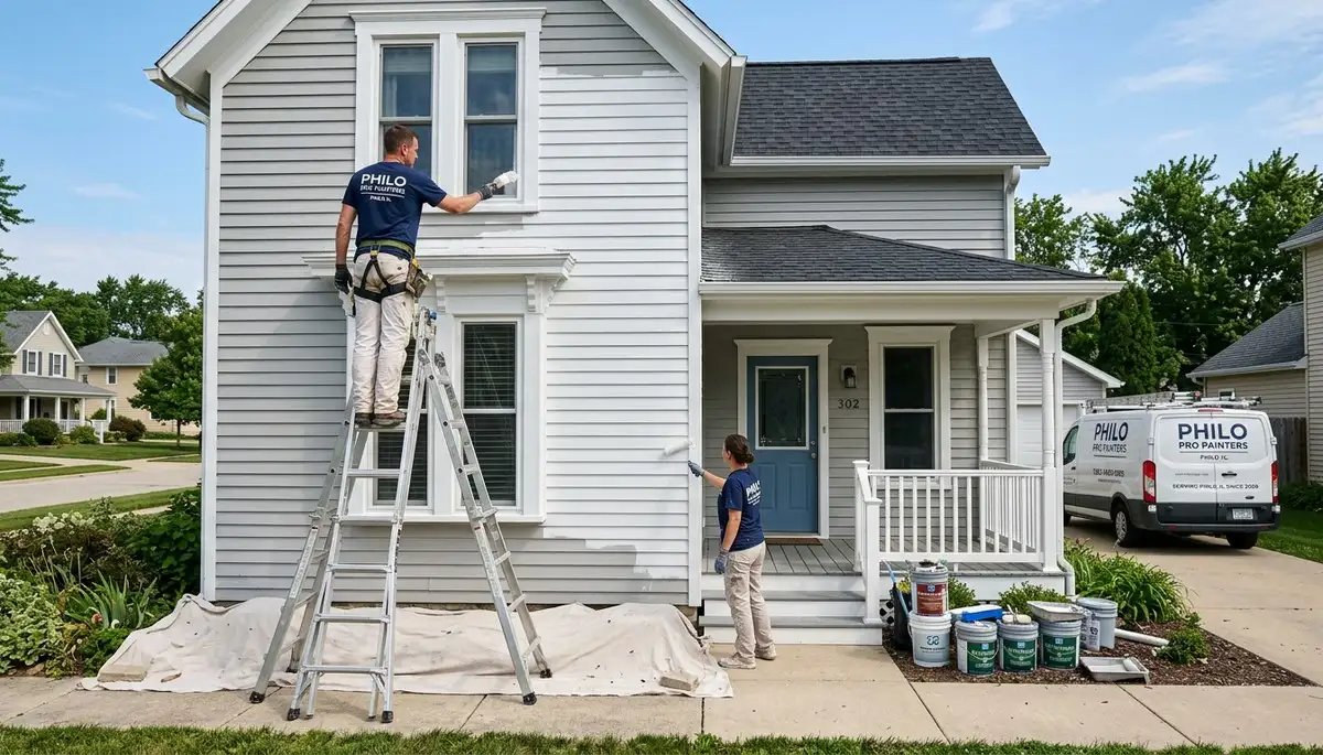 Professional house painters working on a home exterior in Champaign, IL