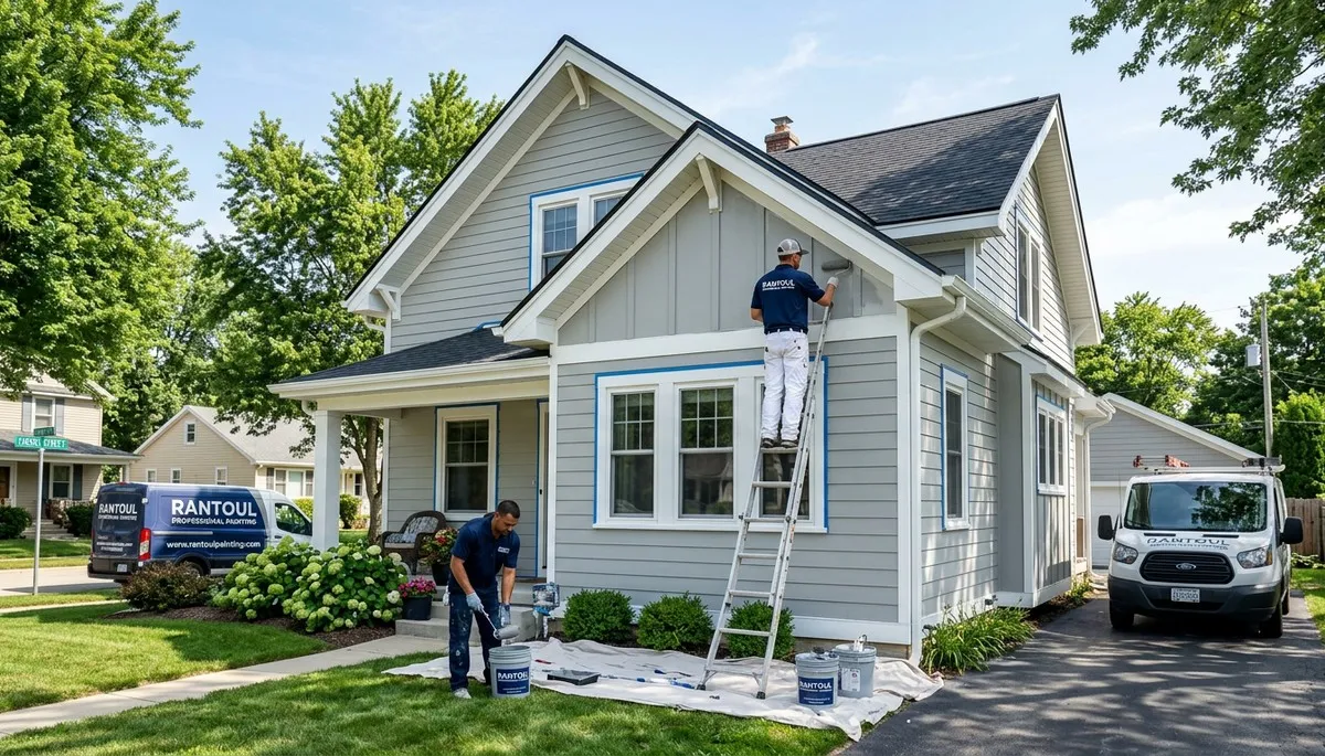 Professional house painters working on residential exterior in Champaign, IL