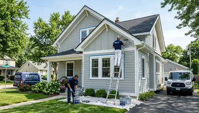 Professional house painters working on residential exterior in Champaign, IL