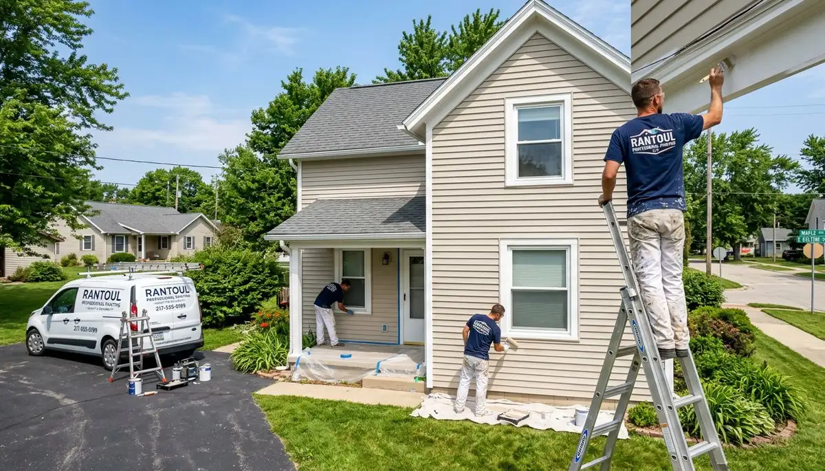 Professional house painters working on residential exterior in Champaign IL