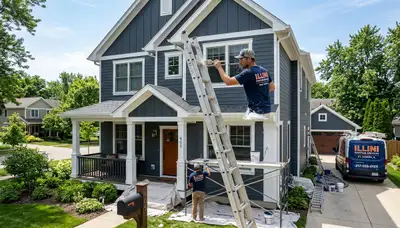 Professional house painters in Champaign IL applying exterior paint to a modern home façade