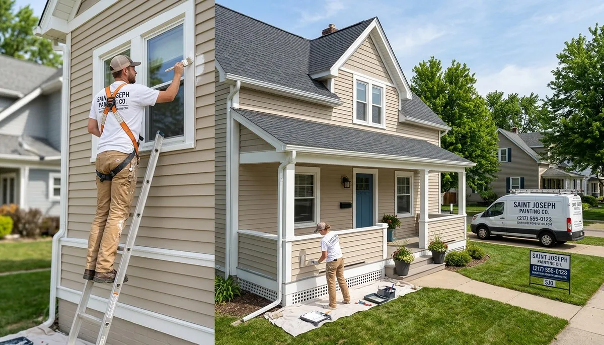 Professional house painters working on residential exterior in Champaign IL