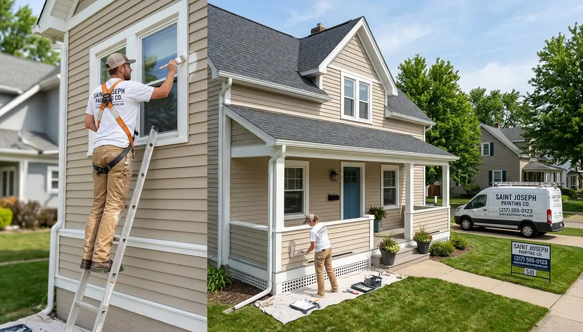 Professional house painters working on residential exterior in Champaign IL