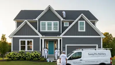 Professional house painters working on exterior home in Champaign, IL