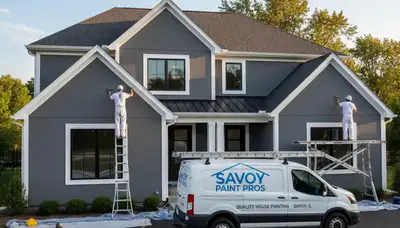 Professional house painters working on exterior home in Champaign, IL