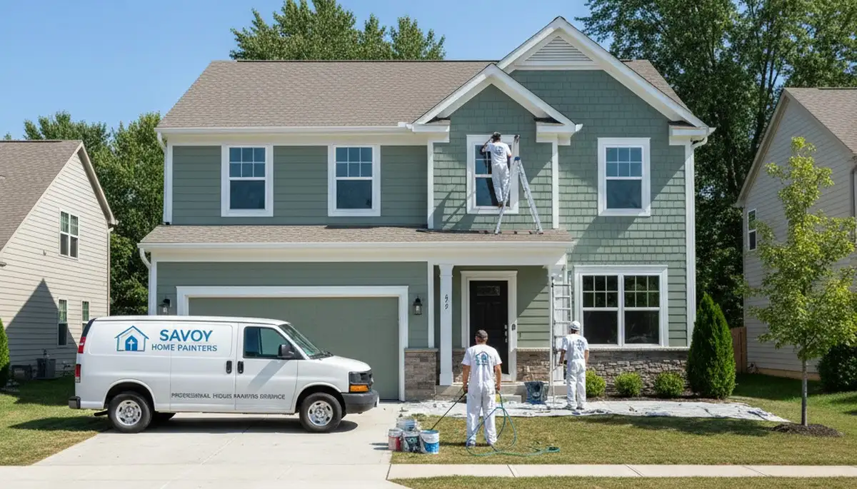 Professional house painters working on residential exterior in Champaign IL