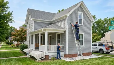 Professional house painters working on residential exterior in Champaign, IL
