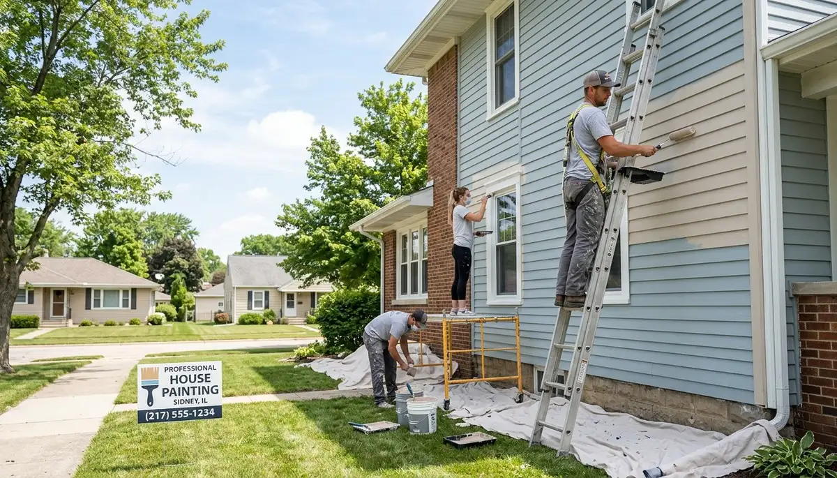 Professional house painters working on a residential exterior in Champaign, IL