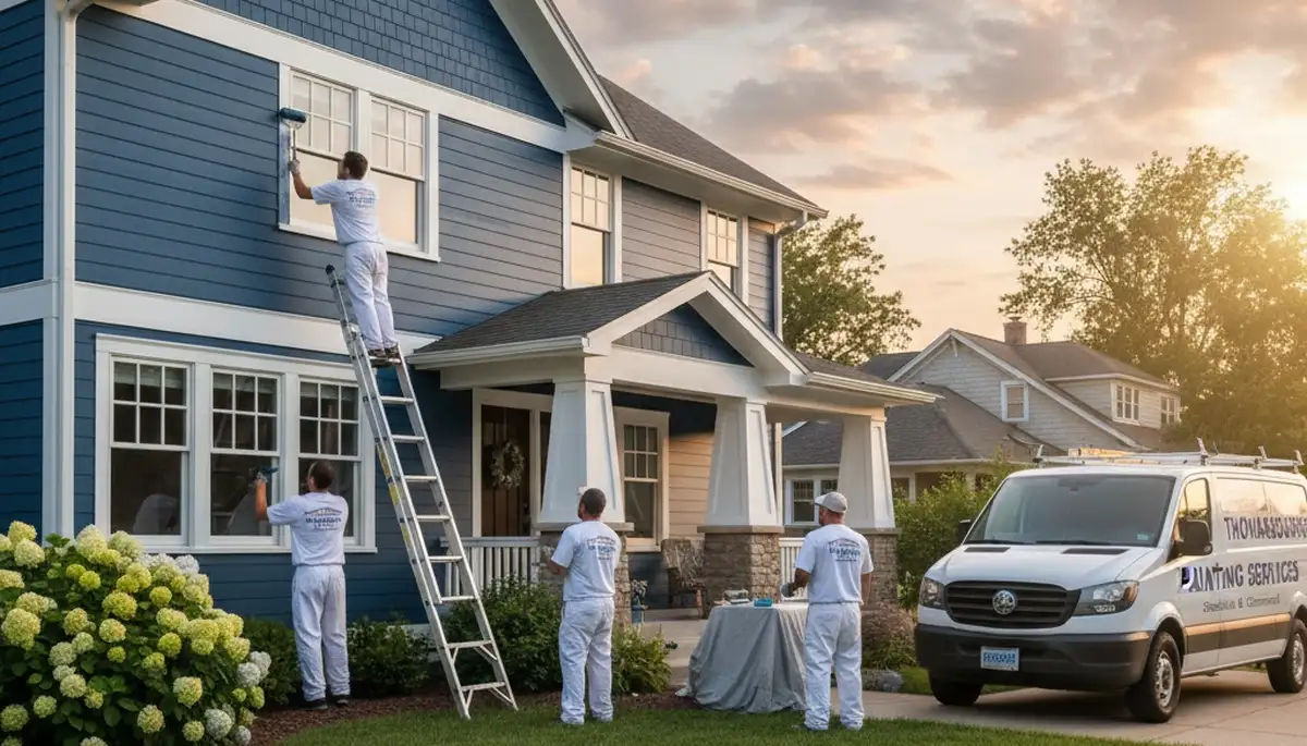 Professional house painters in Champaign IL applying exterior paint to a residential home