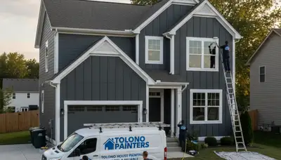 Professional house painters working on residential exterior in Champaign, IL