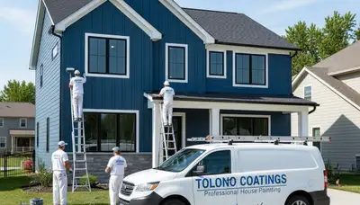 Professional house painters at work on home exterior in Champaign, IL