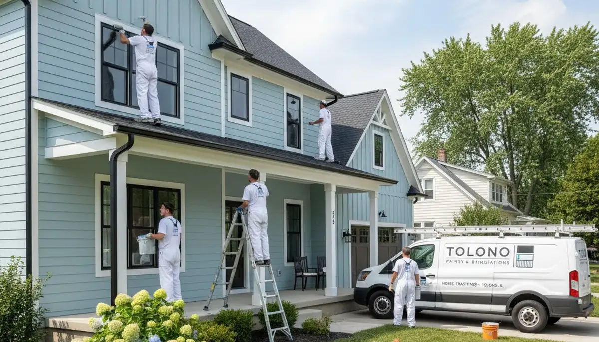 Professional house painters in Champaign IL applying exterior paint on a residential home