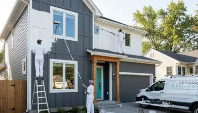 Professional house painters working on a residential exterior in Champaign, IL