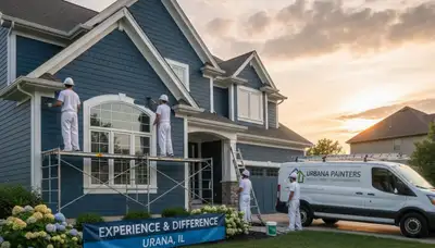 Professional house painters working on residential exterior in Champaign, IL