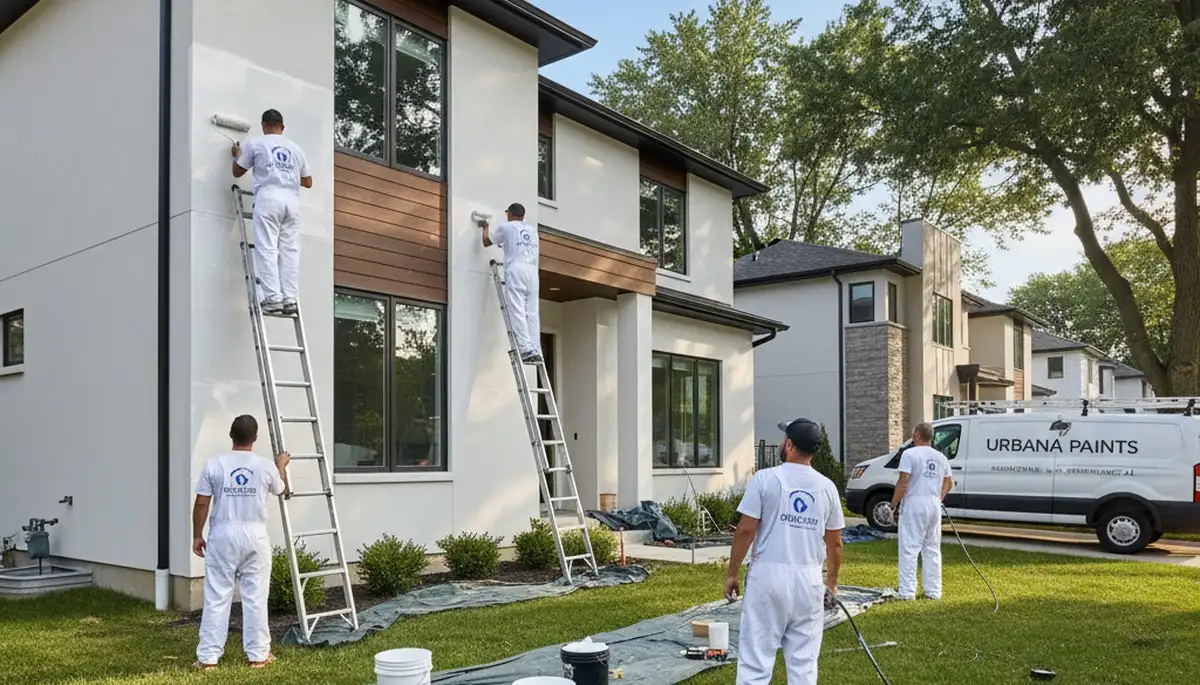 Professional house painters in Champaign IL applying exterior paint to a residential home
