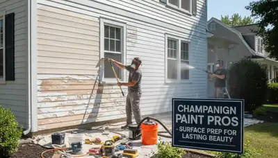 Painter preparing Champaign IL home exterior by sanding and cleaning surfaces for new weatherproof paint