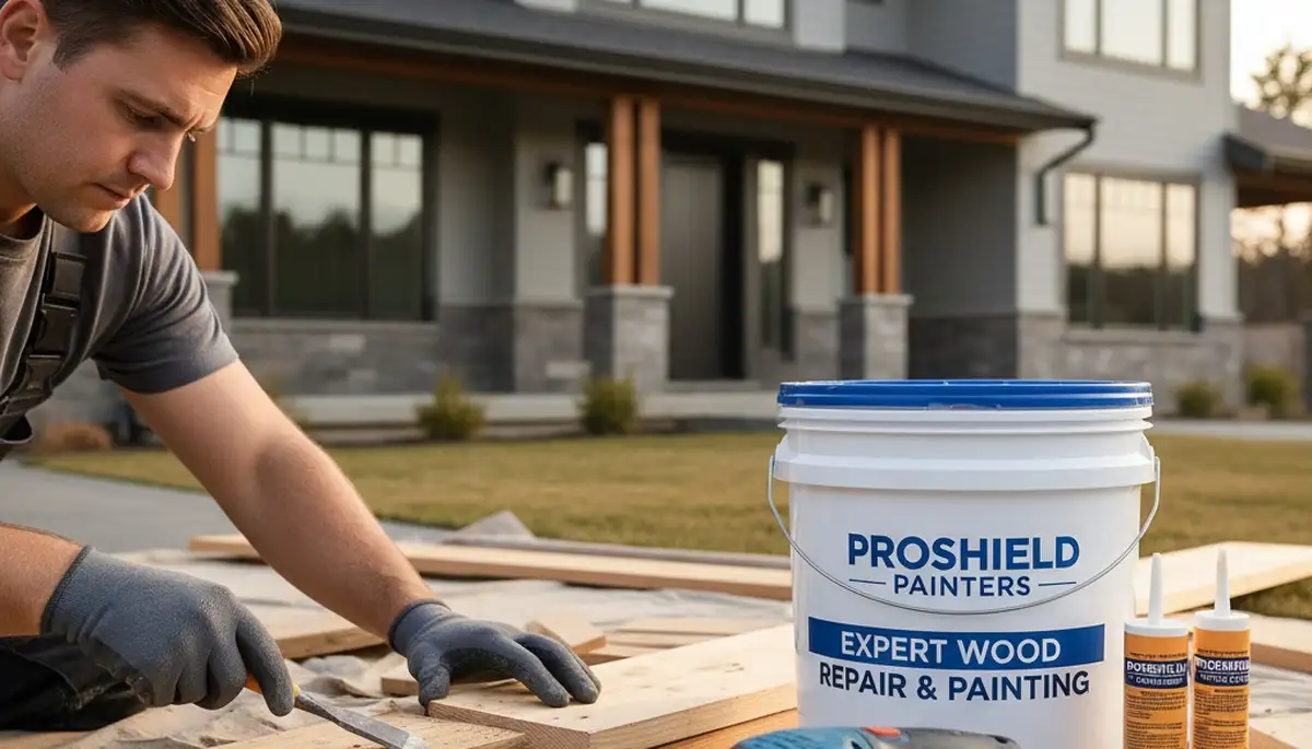 Painter repairing exterior wood rot on Champaign IL home during expert wood restoration service